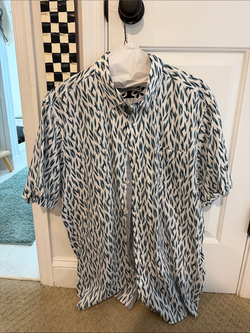 Ted Baker Men's Short Sleeve Patterned Button-Down Shirt – Teal Leaf Print